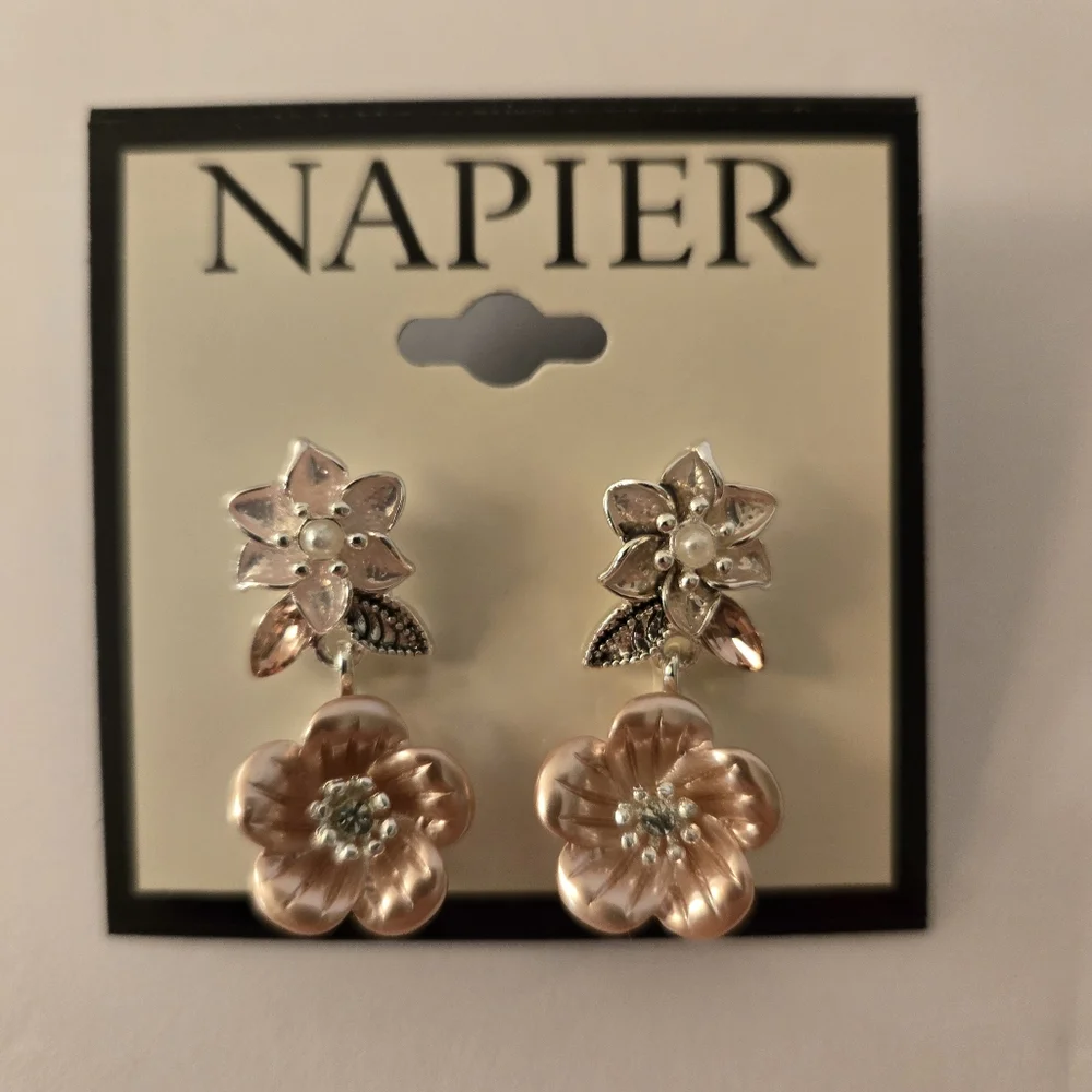 Napier New Silver Tone Pierced  Dangle Earrings Pink Flowers Pink & Clear Stones